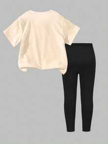 2件套女童休闲创意可爱小熊贝雷帽T恤裤套装，舒适日常穿着，适合春、夏、秋季穿着。 - 彩色 - 查看 2