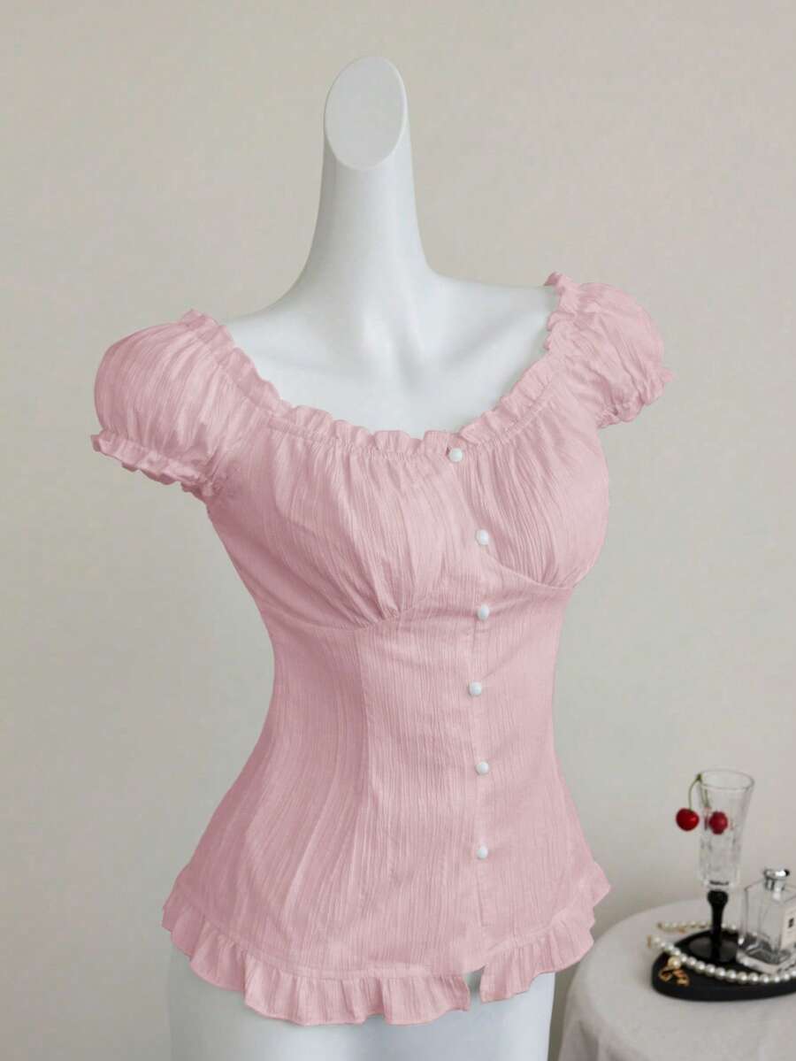 Elamini 白色性感露肩泡泡袖荷叶边修身衬衫，显瘦，适合春夏度假穿着 - 淺粉色 - 查看 1