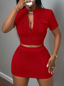 Slaydiva Women's Red Summer Casual Night Out Two Pieces Set,Stand-Up Collar Zipper Short-Sleeved Top & Hip Mini Skirt,Pit Rib Street Pocket Decoration Outfit - Red - View 8