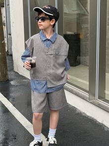 SHEIN Little Byeori 3pcs/Set Tween Boy Korean Style Sleeveless Cardigan,Blue White Stripe Short Sleeve T-Shirt&Shorts,Summer Streetwear School Back-To-School Boys Outfits - Multicolor - View 2