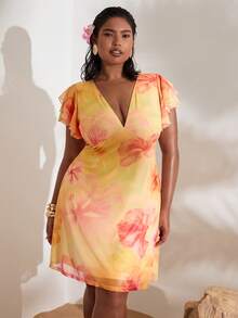 SHEIN BAE 大码女式V领荷叶袖黄色针织连衣裙，春夏度假装 - 黃色 - 查看 6