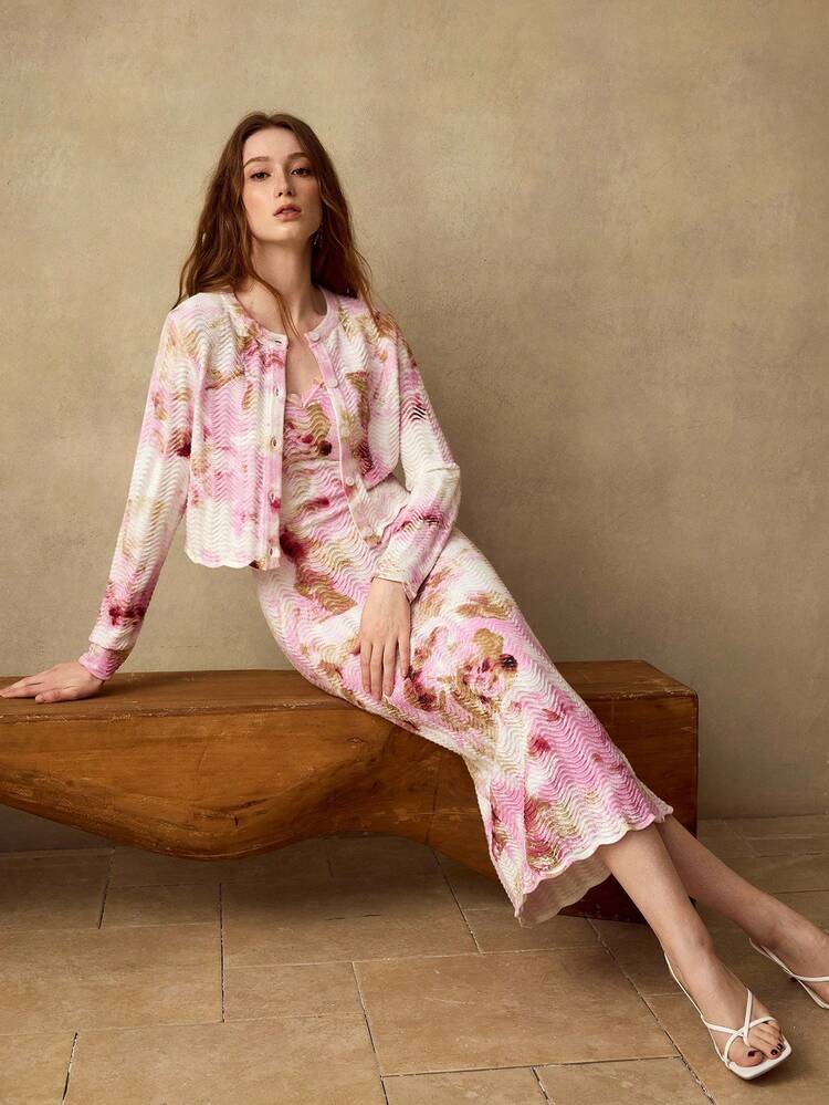 SPRING/SUMMER PRINTED TEXTURED KNIT CARDIGAN