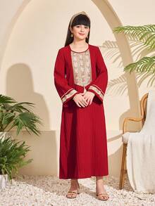 SHEIN Áo choàng dài tay màu đỏ tía thêu tua rua trang trí dành cho bé gái tuổi teen - Màu Đỏ Sâu - Xem 3