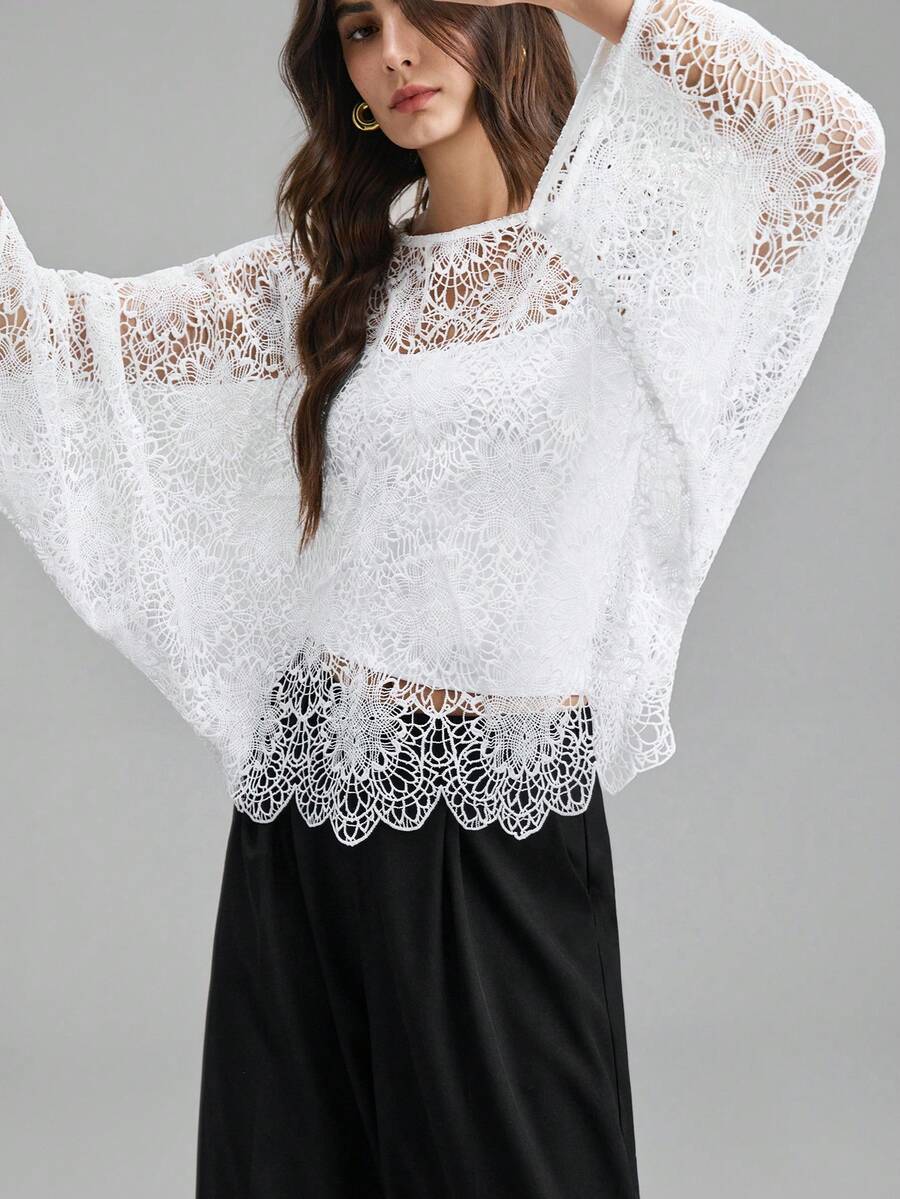 Ontre Women's Ivory White Textured Lace Blouse,Summer Elegant Tea Party Sheer Fabric,Loose Dropped Shoulder Long Sleeve,Relaxed Fit Modern Urban Office Wear - White - View 1