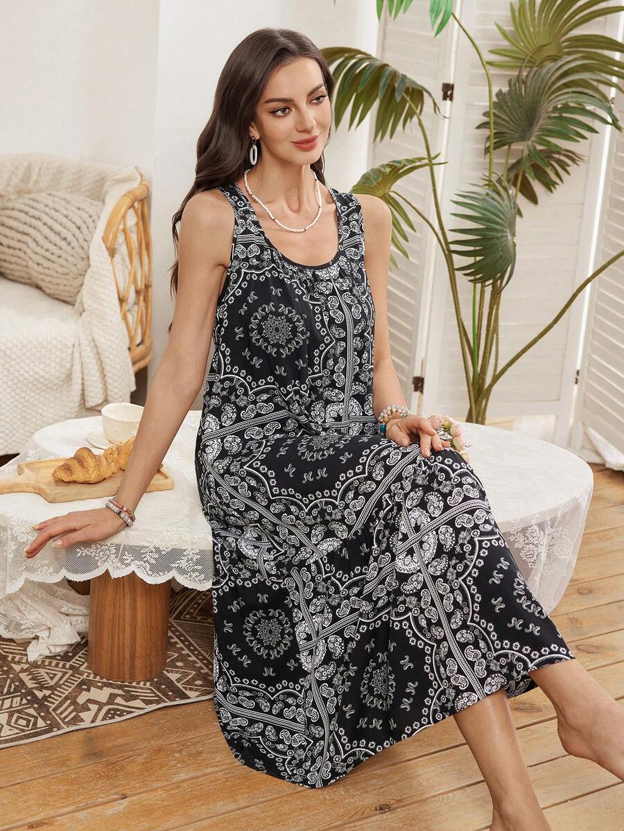 SHEIN 女士黑色圆领荷叶边下摆波西米亚几何印花无袖中长连衣裙，柔软梭织面料，休闲度假装或睡衣 - 黑色 - 查看 1