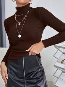 Cévolie Women's Solid Color Turtleneck Long Sleeve Fitted Pullover Sweater, Versatile For Autumn/Winter - Coffee Brown - View 6