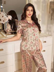 SHEIN Faux Silk Geometric Print Lapel Short Sleeve Pajama Set - Multicolor - View 6