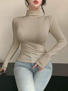 DAZY Camiseta de cuello alto ajustada con forro térmico para mujer - Albaricoque - Ver 4