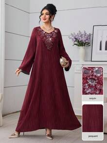 SHEIN Najma V-Neck Sequin Floral Chain Tassel Accent Burgundy Dress - Burgundy - View 2