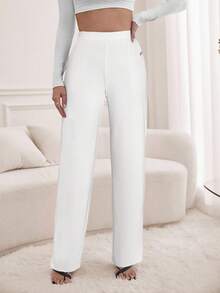 SHEIN Tall Women's Casual Everyday Office Commute Minimalist Letter Patch Pocket Loose Straight Leg Pants White Sweatpants Women White Pants White High Waisted Sweatpants Loungewear Women Sweats For Women Flared Sweatpants - White - View 5