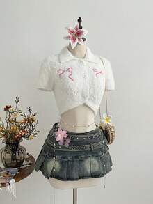 Elamini Women's Pink Bow Knit Casual Fashionable Versatile Commuter Summer Pullover Sweater - White - View 1