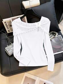 GlowEve CURVE 大码串珠水钻装饰露肩长袖T恤 - 白色 - 查看 1