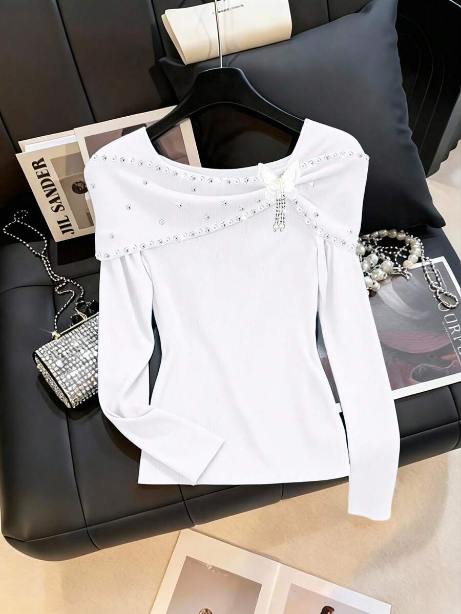 GlowEve CURVE 大码串珠水钻装饰露肩长袖T恤 - 白色 - 查看 1