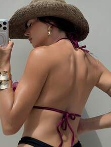 Swim SXY Áo tắm liền thân gợi cảm dành cho nữ, kiểu cổ yếm, chất liệu nylon lấp lấp lánh kết hợp họa tiết hoa lan 3D, thích hợp cho mùa xuân/hè. - Nhiều màu - Xem 4