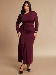 SHEIN BAE Plus Size Women's Burgundy Long Sleeve Asymmetrical Hem Maxi Dress, Autumn/Winter, Burgundy Dress Wine Dress Long Sleeve Formal Dress Maroon Dress Winery Dresses For Women - Burgundy - View 7