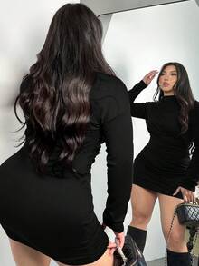 Firerie Plus Size Solid Color Mandarin Collar Fitted Elegant Long Sleeve Dress Fall - Black - View 1