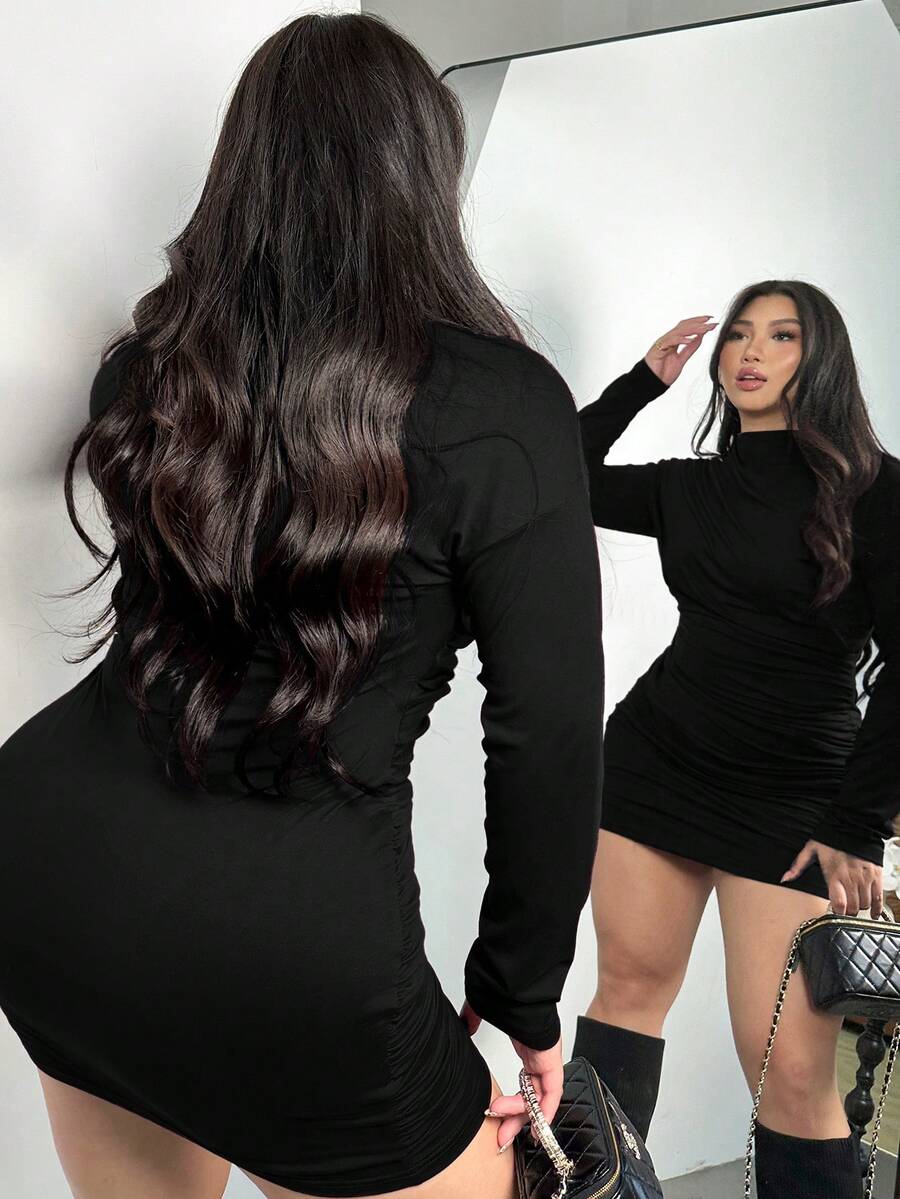 Firerie Plus Size Solid Color Mandarin Collar Fitted Elegant Long Sleeve Dress Fall - Black - View 1