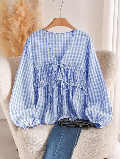 CosyJoli Plus Size Women's Casual Plaid Tie-Front Shirt, Summer