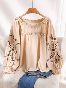 CosyJoli 大码女式春秋季休闲度假花卉刺绣荷叶边宽松衬衫 - 杏色 - 查看 1