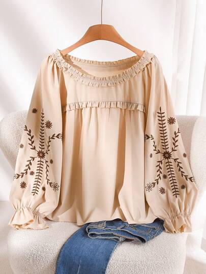 CosyJoli Plus Size Women Spring/Autumn Casual Vacation Floral Embroidery Frill Trim Loose Blouse