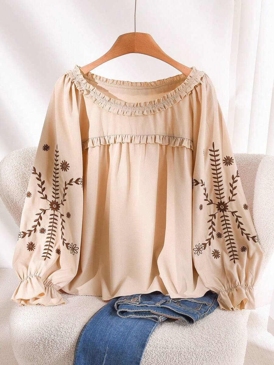 CosyJoli 大码女式春秋季休闲度假花卉刺绣荷叶边宽松衬衫 - 杏色 - 查看 1