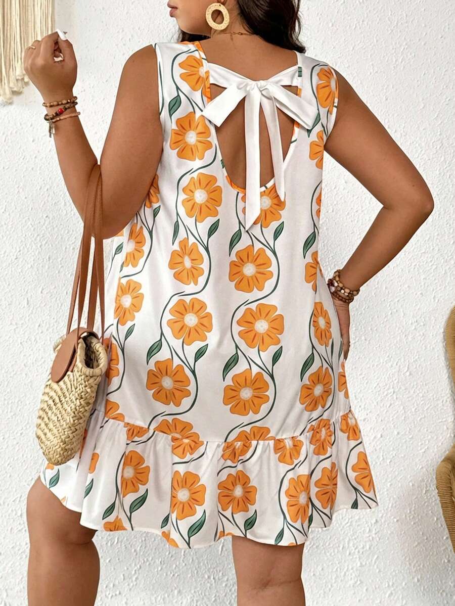 SHEIN Frenchy Plus Size Floral Print Backless Tie-Front Sleeveless Dress - Orange - View 1