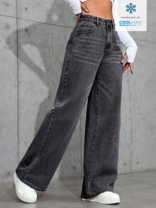 SHEIN Jeanoir Quần jeans ống đứng dáng rộng, màu trơn, cạp thấp, thời trang, thường ngày. - Màu xám đen - Xem 4