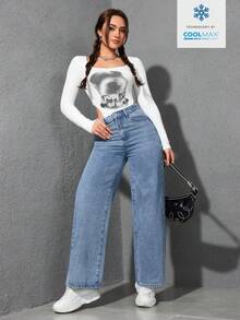 SHEIN ICON 纯色斜插口袋休闲百搭阔腿牛仔裤 - 淺色水洗藍 - 查看 6