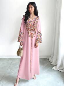 SHEIN Najma Women's Colorful Vine Pattern Digital Print V-Neck Long Sleeve Elegant Arabic Maxi Dress, Spring/Autumn - Multicolor - View 3