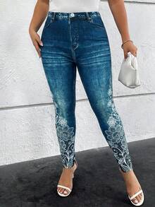 SHEIN Clasi Plus Size Women Casual Floral Lace Print Washed High Waist Leggings, Suitable For Daily Commute And Street Fashion - Blue - View 3