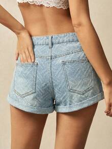Bohemela 女士休闲日常通勤低腰水洗纹理面料卷边牛仔短裤，夏季 - 淺色水洗藍 - 查看 3