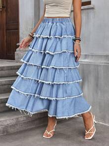 Breezaya Chân váy denim ngắn nữ thời trang thường ngày, kiểu dáng xếp ly, rách gấu. - Màu xanh lam - Xem 4