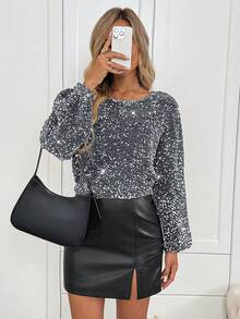 SHEIN LUNE Women's Casual Round Neck Sequin Patchwork Ribbon Party Blouse Sequin Top Sparkle Top Sequin Long Sleeve Top Sparkly Long Sleeve Top Sequins Blouse Sparkly Top Silver Sequin Top Bling Top - Silver - View 6