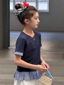 DAZY Tween Girls Crew Neck Colorblock Striped Short Sleeve T-Shirt Summer - Royal Blue - View 6