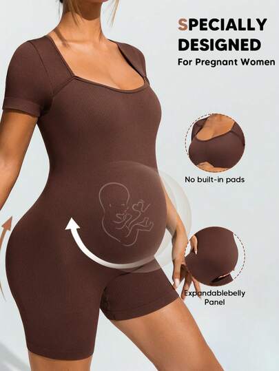 SHEIN 孕妇纯色心形领短袖休闲运动连体裤