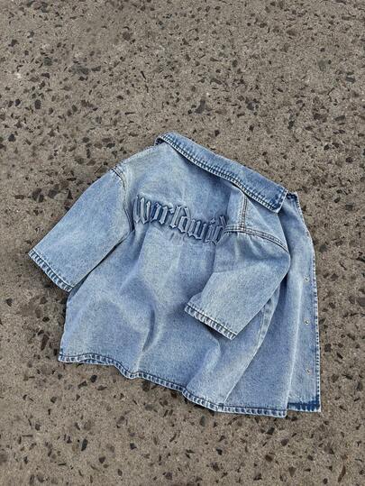SHEIN Tween Boy Fashion Casual Y2k Vintage Cool Street Basic Simple Three-Dimensional Patterned Blue Short-Sleeved Denim Loose Top For Kids Clothes Tween Boy Dailywear And Kids Spring And Summer Rave Outfits Festival And Outfits Streetwear Clothes Denim Jacket Blue Jean Jacket Jean Shirt