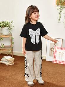 Genkimix Kids 2pcs/Set Young Girl Emboidery Bow Loose Sweet Shirt And Pants, School T-Shirt And Pants For Girl - Multicolor - View 3