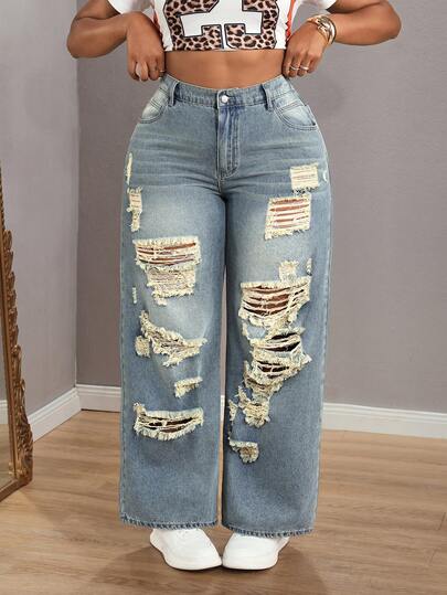 Slaydiva Quần jeans nữ cỡ lớn cạp cao, có túi, ống rộng, rách, dáng rộng, thoải mái.