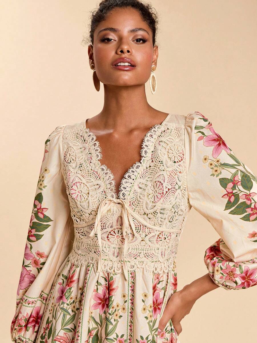 Travachic Women's Romantic Floral Print Vacation Long Sleeve Dress - Pink - View 1