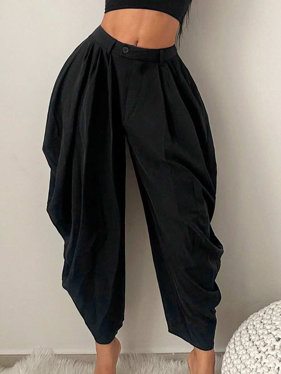 SHEIN SXY Women's Solid Color Pleated Button Casual Versatile Commuting Carrot Pants, Loose Pants, Baggy Pants,, Black Pants, Harem Pants, - Black - View 1