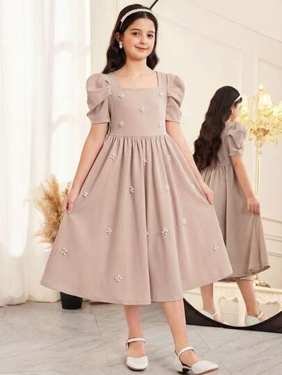 Tween Girl Elegant Pearl Embellished Square Neck Gigot Sleeve Ruffle Hem Woven Satin Dress, Suitable For Weddings, Parties, Birthdays, Gatherings, Spring/Summer Teen Girl Elegant Beige Dress Beige Dress For Teen Girls Teen Girl Puff Sleeves Dress Teen Girl Spring Dress