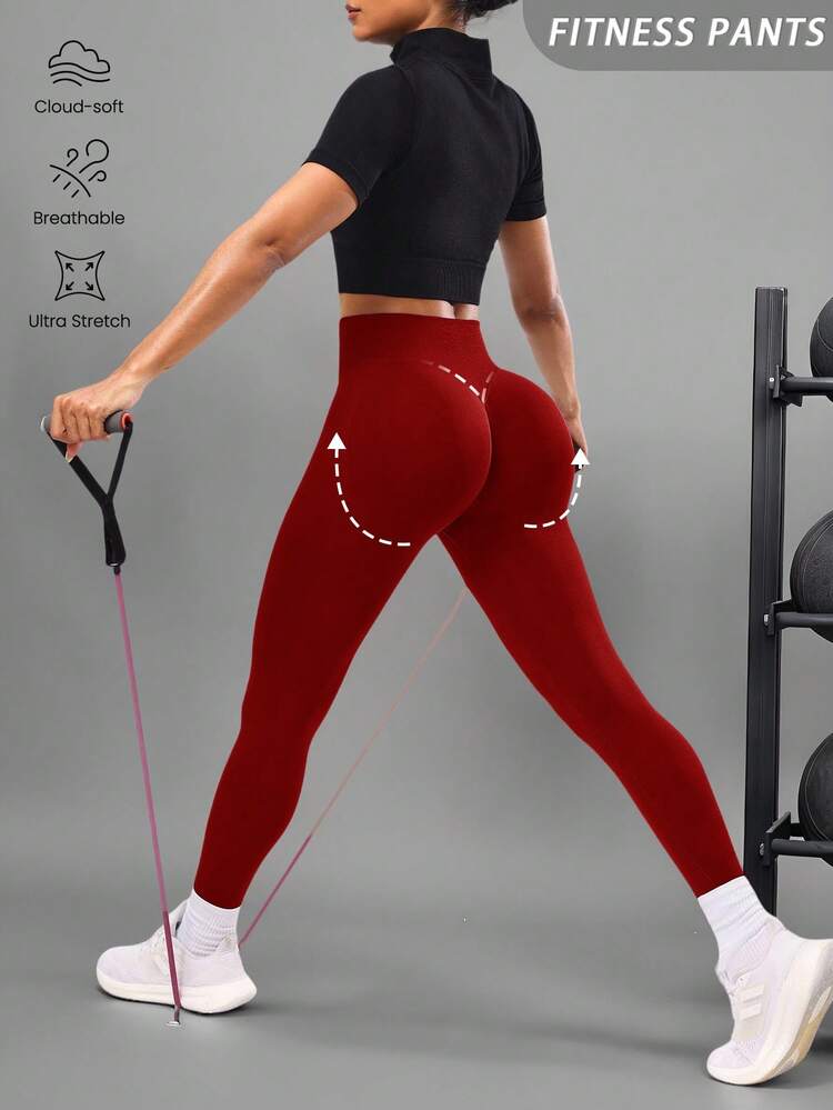 Seamluxe SHEIN Sport Jednokolorowe bezszwowe legginsy do jogi, spodnie sportowe do biegania z wysokim stanem, szeroki pas dla kobiet - Burgund - Zobacz 1