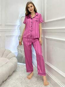 CoupledUp Faux Silk Striped Jacquard Contrast Trim Collar Pajama Set - Hot Pink - View 5