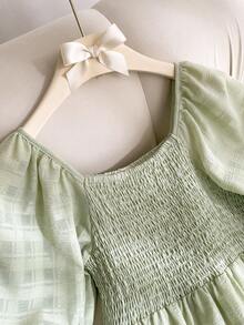 Elladie kids Tween Girls Plain Green Short Dress With Shirred Square Neck Half Puff Sleeves And Flounce Hem In A Line Basics Style - Green - View 4