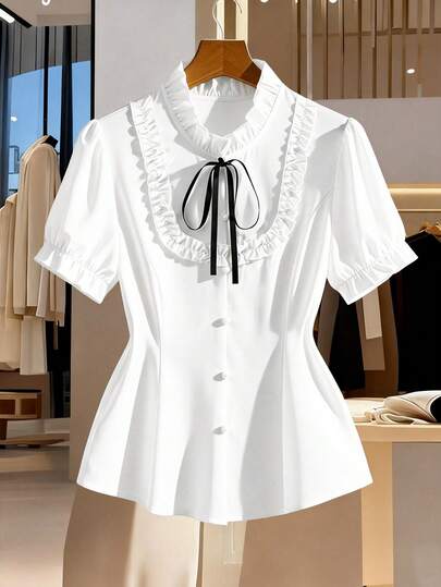 Elenzga Plus Size Women's Bestselling Bowknot Contrast Color Lapel Short Sleeve Blouse, French Retro Elegant Ruffled Hem Single-Breasted Camisole Outerwear For Party