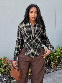 Alexandranx Women's Fall Plaid Ruffle Hem Long Sleeve Casual Side Split Hem Shirt - Light Grey - View 3