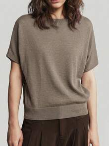 Ontre 2026春夏女士柔软宽松羊毛混纺短袖毛衣，适合都市通勤、商务休闲、度假、婚礼宾客、派对等优雅场合穿着。 - 駝色 - 查看 3