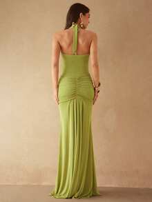 Silquee Elegant Green Knitted Halter Neck Bodycon Maxi Dress With Ruched Details And Sleeveless Design - Green - View 2