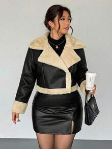 Firerie Plus Size Autumn/Winter Fashion Corduroy Composite Thermal Lining Black & White Contrast Color Short Loose Women Long Sleeve Black Jacket Coat; Suitable For Valentine's Day, Concerts, Performances, Parties, Weddings, Sexy, Elegant, Commuting, Back To School Season Jacket Y2k Coats For Women Women Plus Outerwear Women Women Faux Leather Jacket Shearling Jacket Plus Size Jacket