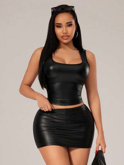 Radiana Women's Solid Color PU Leather Square Collar Cropped Tank Top And Bodycon Mini Skirt 2 Pieces Set, Fashionable And Sexy